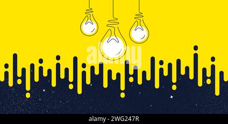 Idea light bulbs silhouette. Lamp icons on yellow transition background. Continuous line lightbulbs. Vector Stock Vektor
