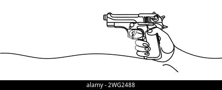 Kontinuierliche Linienzeichnung einer Handpistole. Eine Hand, die die Waffe hält. Stock Vektor