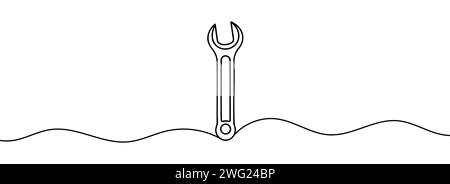Mechanischer Schraubenschlüssel für Muttern, gezogen mit einer durchgehenden Linie, isoliert auf weißem Hintergrund Stock Vektor