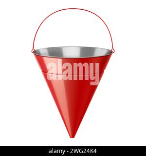 Traditioneller, hellroter Metallfeuer-Eimer isoliert auf weißem Hintergrund. Feuerlöschausrüstung. Realistische 3D-Vektordarstellung. Stock Vektor