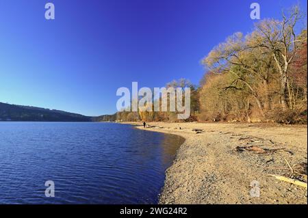 Brünner Stausee - Stadt Brünn - Tschechische Republik - Europa. Wunderschöne Landschaft mit Wasser und Strand. Schönes sonniges Wetter mit blauem Himmel im Winter. Stockfoto