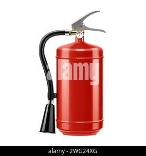 Roter Trockenpulver-Feuerlöscher mit Düse isoliert auf weißem Hintergrund. Tragbare Feuerlöschanlagen der Feuerwehr Professionell an Stock Vektor