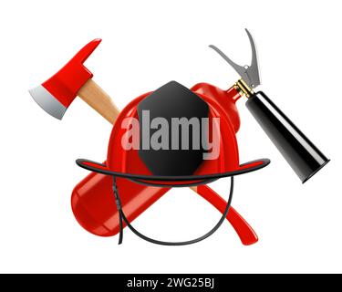 Feuerwehrhelm oder und überkreuzte Äxte mit einem Feuerlöscher isoliert auf weißem Hintergrund. Realistische 3D-Vektordarstellung Stock Vektor