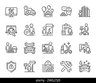 Zeilensymbole für Professional Services. Symbole für Autoreparatur, Hausreinigung, technische Serviceleistungen. Vektor Stock Vektor