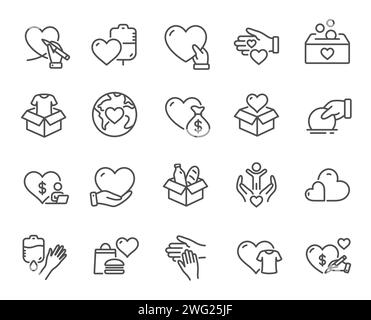 Symbole für Spenden und Wohltätigkeitslinien. Freiwillige Hilfe, globaler Hunger, Symbole für Lebensmittelkästen. Vektor Stock Vektor