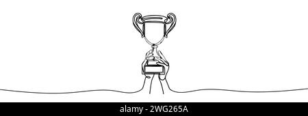 Siegerpokal in der Hand in einer durchgehenden Linie Stock Vektor