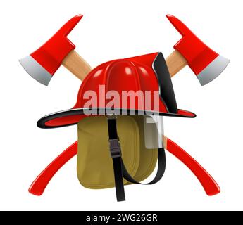 Feuerwehrhelm oder roter Feuerwehrhut und zwei gekreuzte Äxte isoliert auf weißem Hintergrund. Realistische 3D-Vektordarstellung Stock Vektor