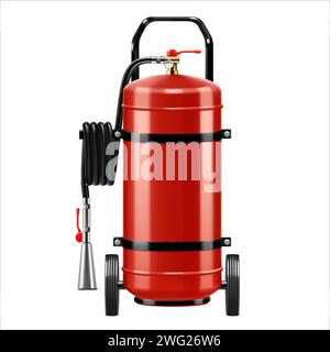 Trockenpulverfeuerlöscher auf Rädern, isoliert auf weißem Hintergrund. Tragbare Feuerlöschanlagen der Feuerwehr Professionelles Werkzeug Stock Vektor
