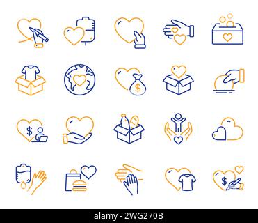 Symbole für Spenden und Wohltätigkeitslinien. Ehrenamtliche Hilfe, globaler Hunger, Lebensmittelbox. Symbole für Helfer Hand, Herzspende und Pflege der Servicelinien. Spende oder Blutspende Stock Vektor