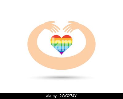 Handumarmtes LGBT-Herz-Logo. Freundschaft und kulturelle Vielfalt. Warme Umarmung mit Regenbogenflagge. Vektor Stock Vektor