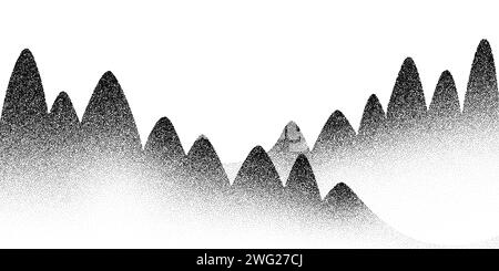 Dotwork Bergbäume Hintergrund. Schwarzer Lärm stipple Punkte auf den Hügeln. Gepunkteter Vektor Stock Vektor