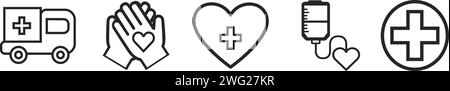 Dünne Linie Symbolgruppe für Krankenversicherungsschutz. Symbolsammlung in transparentem Hintergrund. Bearbeitbare Vektorkontur. Stock Vektor