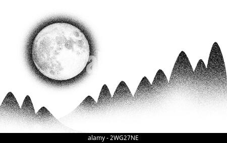 Dotwork Moon Night Hintergrund. Schwarzer Lärm stippelt Bergbäume Punkte. Gepunkteter Vektor Stock Vektor