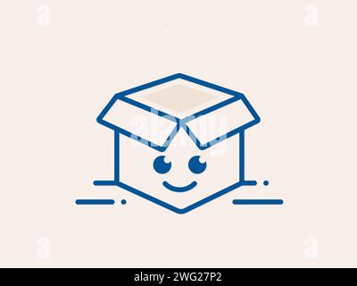 Öffnen Sie das Logo im Versandkarton mit einem Lächeln in Zeichentrickfilmen. Versandkarton mit Happy Courier. Paket mit Smile-Logo senden. Vektor Stock Vektor