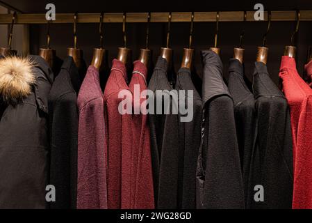 Kleiderschrank mit Herrenkleidung in dunklen Farben. Jacke, Daunenjacke, Hemd. Die Kleidung ist ordentlich an Holzbügeln gehängt Stockfoto