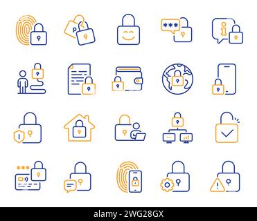 Sperrt Zeilensymbole. Symbole für Fingerabdruckschutz, Entsperrcode und Kreditkartenkennwort. Vorhängeschloss öffnen, Dokument gesperrt. Vektor Stock Vektor