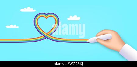 LGBT Love Icon mit realistischer Handschrift. Durchgehende Stolz-Flaggenlinie mit Herzsymbol. Banner mit 3D-Hand. Vektor Stock Vektor