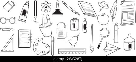 Set mit Schulelementen. Flache Vektorillustration in handgezeichnetem Stil. Farblose schwarze Umrandung. Zurück zur Schule Stock Vektor