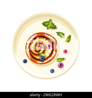 Appetitliches Gebäck mit Sesamsamen und Heidelbeeren auf einem rosafarbenen Teller. Gemüse auf Toast. Süßes Essen zum Mittagessen. Selbstversorgung. Vektorabbildung Stock Vektor