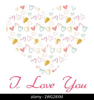Erleben Sie die sanftere Seite der Liebe mit unserem Valentinstag-Vektor. Ein herzförmiger Cluster pastellfarbener Herzen, jedes mit Sorgfalt von Hand gezeichnet, bildet sich Stock Vektor