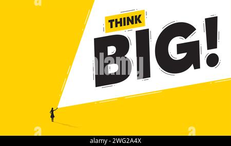 Denken Sie an ein großes abstraktes motivierendes Poster. Geschäftsfrau strahlt eine Taschenlampe. Vision, Ideen, Motivation. Vektor Stock Vektor