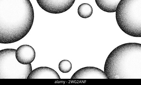 Hintergrund für den Rahmen von Dotwork-Kornkugeln. Schwarze Rauschpunkte 3D-Kugeln. Gepunkteter Vektor Stock Vektor