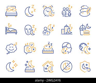 Symbole für Ruhezustand. Schlafkissen, Nachtbett und Schlaflosigkeit Ikonen. Vektor Stock Vektor