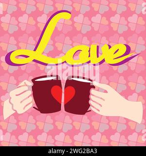 Mit unserem lebhaften Vektor zum Valentinstag toasten Sie auf die Liebe. Mit zwei Händen klirren Becher, die ein Herz bilden, vor einem Hintergrund aus weichen, pastellfarbenen Herzen. Stock Vektor