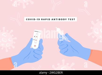 Arzt in Latexhandschuhen, der COVID-19-Antikörperschnelltest und -Teströhrchen hält. Eine Krankenschwester Hände mit Coronavirus Express Antidody positiven Bluttest Re Stock Vektor