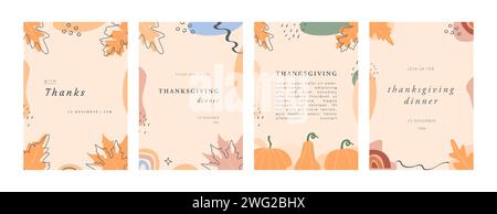 Set trendiger abstrakter Thanksgiving-Vorlagen. Einladungskarten mit Blättern, Kürbissen, geometrischen Formen und Konturen. Modernes vertikales Banner oder Backgro Stock Vektor