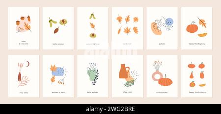 Set mit Grußkarten für die Herbststimmung und Postervorlagen. Herbstsaison minimale Wandkunst. Zweige mit Blättern, Laub, Beeren, Kürbisse, Vasen, abstrakte s Stock Vektor