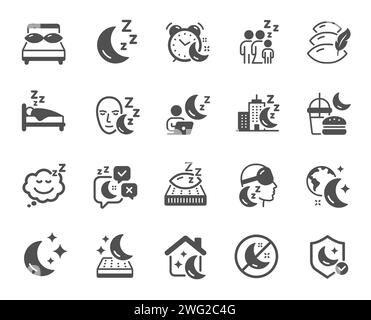 Energiesparsymbole. Schlafkissen, Nachtbett und Schlaflosigkeit Ikonen. Vektor Stock Vektor