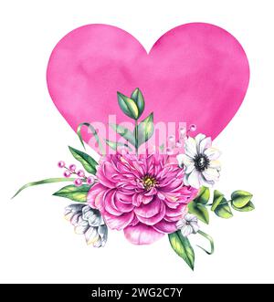 Aquarellherz zum Valentinstag mit Blumensträußen isoliert auf weiß. Ich liebe das Design von Stoffen, Drucken, Textilien und Kleidung. Stockfoto