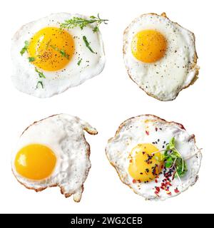 Spiegelei-Sammlung isoliert, Frühstücksessen vom Tisch aus Stockfoto