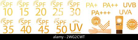 Satz einfacher flacher LSF-Sonnenschutzsymbole für die Verpackung von Sonnenschutzmitteln. UV-Schutz für die Haut. Stock Vektor