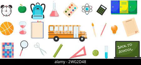 Set mit Schulmaterial. Flache Vektorillustration in handgezeichnetem Stil. Zurück zur Schule Stock Vektor