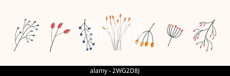 Set aus verschiedenen Zweigen mit roten, orangen, blauen Beeren. Wilde Waldpflanzen. Kollektion botanischer Designelemente im abstrakten Stil für dekorative Zwecke Stock Vektor