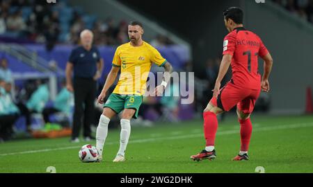 Al Wakrah, Katar. Februar 2024. Al-Wakrah, KATAR - 2. Februar: Martin Boyle aus Australien im Viertelfinale des AFC Asia Cup im Al Janoub Stadium in Al-Wakrah, Katar, 2. Februar 2024. Quelle: Sebo47/Alamy Live News Stockfoto