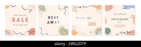 Trendige abstrakte Postvorlagen für soziale Medien. Quadratische Banner zum Ende des Sommers. Satz von Vektor-Minimalkarten mit geometrischen Formen und Pflanzen in PA Stock Vektor