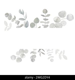 Trendiges graues und staubgrünes Eukalyptusrahmenbanner. Frühling und Winter botanische Grenze Illustration für Hochzeit, Grußkarte, Kranz, wir Stockfoto