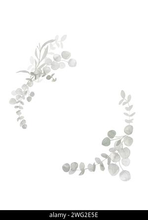 Trendiges graues und staubgrünes Aquarellbanner mit Eukalyptusrahmen. Frühling und Winter Oval botanische Grenze Illustration für Hochzeit, Grußkarte Stockfoto