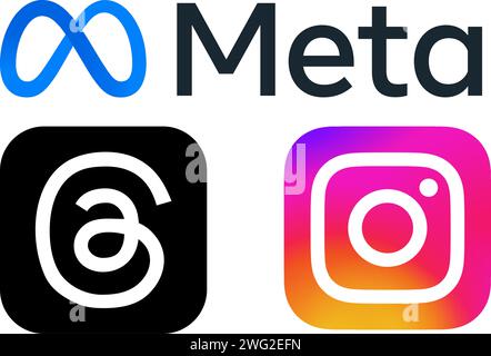 Meta-Logo, Threads, Instagram, ein von Mark elliot zuckerberg gegründetes Social-Tech-Unternehmen. Vektorabbildung. Stock Vektor