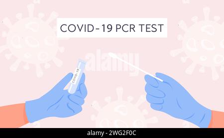 Vektor Horizontal Banner COVID-19 PCR-Test. Laboranalysen Für Nasenabstriche. Die Hände des Pflegepersonals oder des Arztes tragen Latexhandschuhe, die ein Tupfer und eine Röhre halten. Coronavirus b Stock Vektor