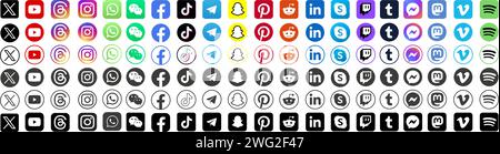 Social-Media-Symbole. Facebook, Instagram, Twitter, X, Youtube, Pinterest, Behance, Google, Skype, Viber Stock Vektor