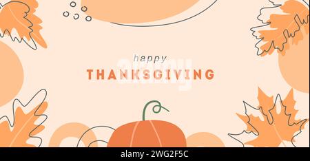 Abstrakte horizontale Happy Thanksgiving-Bannervorlage. Trendiger minimaler Hintergrund mit herbstlichen Blättern, Kürbis und geometrischen Formen. Vektorgrenze wi Stock Vektor