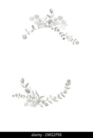 Trendiges graues und staubgrünes Aquarellbanner mit Eukalyptusrahmen. Frühling und Winter Oval botanische Grenze Illustration für Hochzeit, Grußkarte Stockfoto