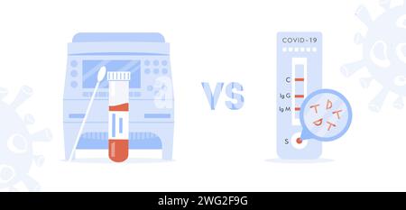 Konzept der COVID-PCR versus Schnelltest. Vergleich zwischen Polymerase-Kettenreaktion und Express-Test. PCR-Gerät mit medizinischer Probe und Coronavirus Stock Vektor