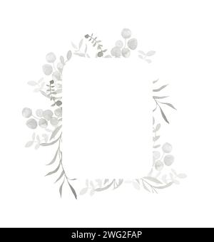 Graues und staubgrünes Eukalyptusgewölbe. Moderne botanische Grenze Frühling und Winter Illustration für Hochzeit, Grußkarte, Kranz Stockfoto