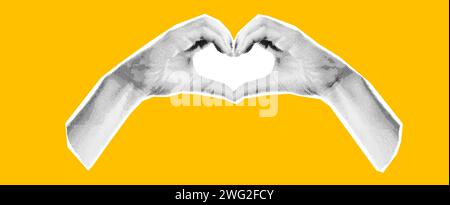 Retro-Halbtonvektor-abstrakte Geste der als Herz gefalteten Hände. Hände in Form eines Herzens gefaltet. Stock Vektor