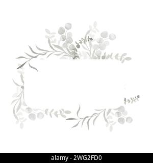 Trendiges graues und staubgrünes Eukalyptusrahmenbanner. Frühling und Winter botanische Grenze Illustration für Hochzeit, Grußkarte, Kranz, wir Stockfoto